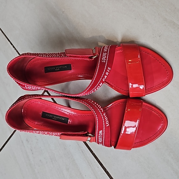 Louis Vuitton Red Patent Leather Logo Heels [size 37] - Picture 2 of 9